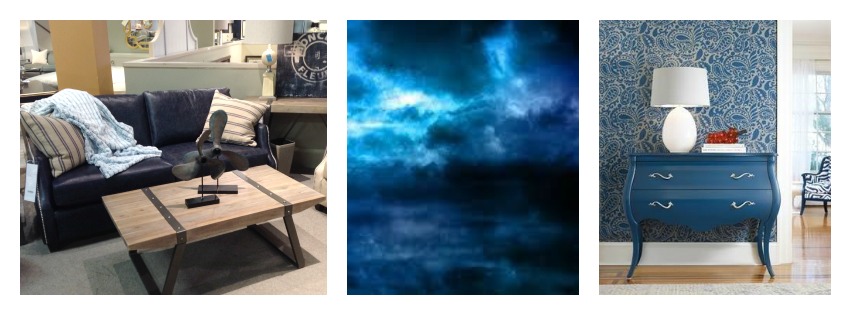 Blue sofa, artwork and chest available at Stoney Creek Furniture