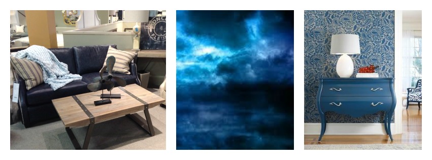 Blue sofa, artwork and chest available at Stoney Creek Furniture